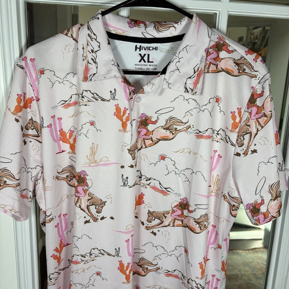 Hivichi Men's XL Western Cowgirl Print Polo Golf Shirt Pink - Picture 5 of 11